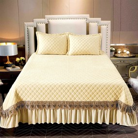 Cuvertură catifea matlasată cu broderie, crem, 3 piese, 220x240 cm, CC72