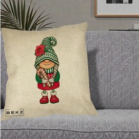 Perna Decorativa Gnom Craciun Verde cu Bomboane si Floare, 40x40 cm, Crem, Husa Detasabila, Perna Inclusa, BEKZ®