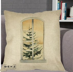 Perna Decorativa Fereastra cu Brad de Iarna, 40x40 cm, Crem, Husa Detasabila, Perna Inclusa, BEKZ®