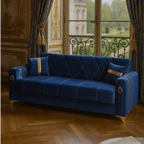 Canapea extensibila cu lada de depozitare 220x87x93 cm ,albastru, detalii aurii –Camara