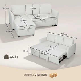 HOMCOM Divan Extensibil pentru 3 Persoane cu Șezlong Convertibil, Divan Rabatabil cu Compartiment de Depozitare și 3 Perne Detașabile, Material Textil cu Efect de In, Living, 192x148x86cm, Crem | Aosom Romania