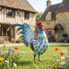 Outsunny Statuetă de cocoș pentru grădină, figură metalică, sculptură de cocoș în picioare 41 cm cu ancore de pământ, Multicolor | Aosom Romania