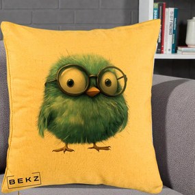 Perna Decorativa Pui Pufos Teal cu Ochelari, 40x40 cm, Galben, Husa Detasabila, Perna Inclusa, BEKZ®