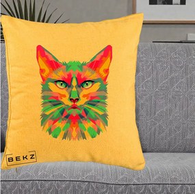 Perna Decorativa Pisica Pop Art Multicolor, 40x40 cm, Galben, Husa Detasabila, Perna Inclusa, BEKZ®