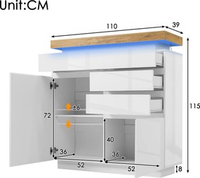 Comodă cu 2 uși &amp; 3 sertare, iluminare LED, dulap multifuncțional pentru living și dormitor, 110x39x115 cm, Alb