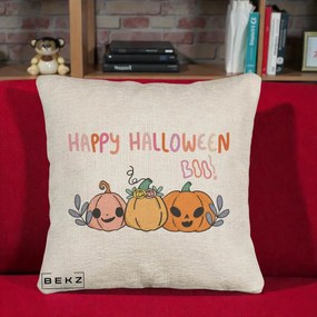 Perna Decorativa Happy Halloween Boo Trei Dovlecei Kawaii, 40x40 cm, Bej Canapea, Husa Detasabila, Perna Inclusa, BEKZ®