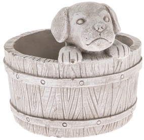 Husă din beton pentru ghiveci Câine în butoi marodeschis, 17 x 19 cm