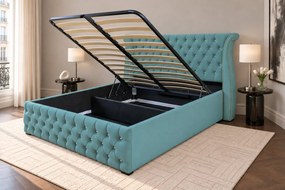 Pat tapițat din catifea Zafira 140×200 cm, verde marin, cu ladă de depozitare