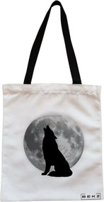 Sacosa de Panza pentru Cumparaturi, Geanta Tote, model Lup si Luna, Cu fermoar, 38x34.5 cm, Alba, BEKZ®