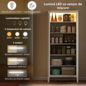 HOMCOM Bufet Înalt de Bucătărie 177 cm, Dulap cu Lumină LED, Reglabil în 3 Culori, Rafturi Ajustabile, Alb | Aosom Romania