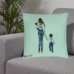 Cadou pentru Mama - Perna Personalizata Mom of Boys Mama cu Baietii, 40x40 cm, Verde Menta, Husa Detasabila, Perna Inclusa, BEKZ®