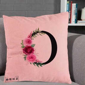 Cadou Personalizat - Perna Personalizata Monograma Florala Litera O, 40x40 cm, Roz, Husa Detasabila, Perna Inclusa, BEKZ®