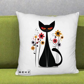 Perna Decorativa Pisica Neagra Ochi Rosii Flori, 40x40 cm, Alb Pufos, Husa Detasabila, Perna Inclusa, BEKZ®