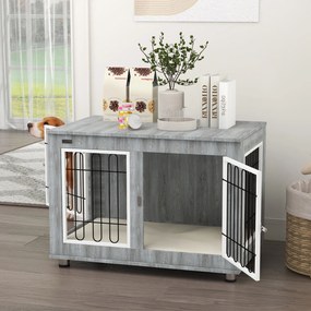 PawHut Cage pentru câini animale cușcă de câini pe picioare cu pernă detașabilă oțel aspect lemn 90 x 58 x 65 cm gri | Aosom Romania