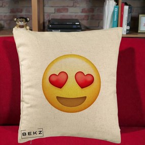 Perna Decorativa Emoji Inimi in Ochi, 40x40 cm, Bej, Husa Detasabila, Perna Inclusa, BEKZ®
