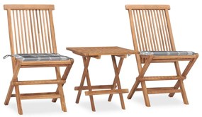 Set mobilier exterior pliabil cu perne, 3 piese, lemn masiv tec model gri carouri, 3