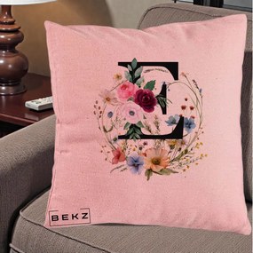 Cadou Personalizat - Perna Personalizata Monogram Litera E cu Flori Acuarela, 40x40 cm, Roz, Husa Detasabila, Perna Inclusa, BEKZ®