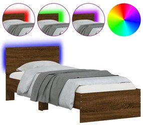 838847 vidaXL Cadru de pat cu tăblie și lumini LED, stejar maro, 75x190 cm