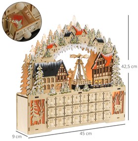 HOMCOM Calendar Advent, sat de Crăciun, 18 LED, 24 sertărașe, reutilizabil, 45 x 9 x 42,5 cm | Aosom Romania