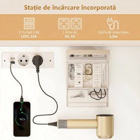 HOMCOM Stație de Machiaj cu Lumini LED, 3 Culori, Luminozitate Reglabilă, Toaletă Convertibilă cu Prize Electrice, 6 Sertare Soft Close, Oglindă, Rafturi Deschise, pentru Dormitor, Alb | Aosom Romania