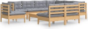 vidaXL Set mobilier grădină cu perne, 10 piese, gri, lemn masiv pin