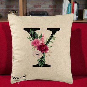 Cadou Personalizat - Perna Personalizata Monograma Florala Litera Y cu Buchet, 40x40 cm, Bej, Husa Detasabila, Perna Inclusa, BEKZ®