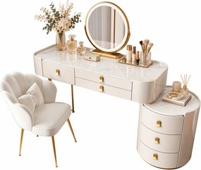 Set LUCIA WHITE – Masă de Toaletă pentru Machiaj, Blat imitatie marmura, Oglindă Iluminată LED, Control Touch, 6 sertare, Comoda, Scaun, Alb
