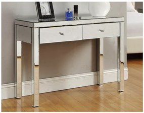 Masă de toaletă, Consola moderna din sticlă tip oglindă, 2 sertare, 95x36x78 cm, Argintiu
