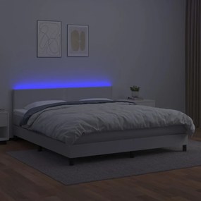 Pat cu arcuri, saltea si LED, alb, 160x200 cm, piele ecologica Alb, 160 x 200 cm, Design simplu