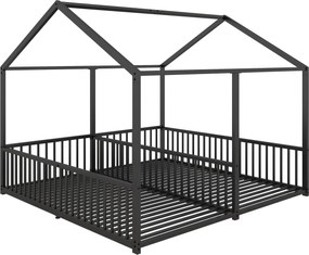 Pat dublu pentru copii 90x200 cm, formă de casă, cu barieră de siguranță, fără saltea, Negru