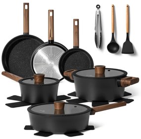 Set de oale si tigai Just Perfecto JL-111, 15 piese, Acoperire din granit, Inductie, Ustensile, Negru