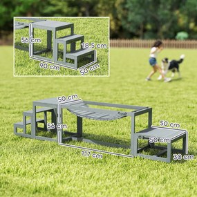 PawHut Set Agility pentru câini Set de 3 piese echipament Agility cu punte, scară, platformă, lemn de brad, 117 x 50 x 56 cm, Gri | Aosom Romania