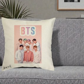 Perna Personalizata K-pop BTS Foto Grup cu BTS si Fond Roz Pastel, 40x40 cm, Ecru, Husa Detasabila, Perna Inclusa, BEKZ®
