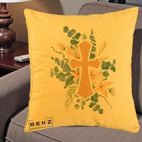 Perna Personalizata Cruce Florala Botez, 40x40 cm, Galben, Husa Detasabila, Perna Inclusa, BEKZ®