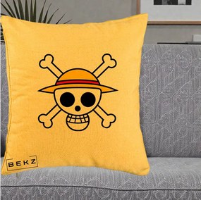 Perna Personalizata One Piece Jolly Roger Straw Hat Pirates, 40x40 cm, Galben, Husa Detasabila, Perna Inclusa, BEKZ®