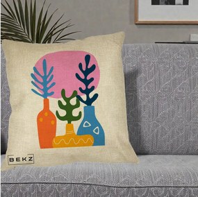 Perna Decorativa Vaze Botanice Abstract, 40x40 cm, Crem, Husa Detasabila, Perna Inclusa, BEKZ®