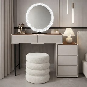 RESIGILAT- Set EMILY, Masă de toaletă pentru machiaj cu oglindă iluminată LED, în trei culori, intensitate reglabilă, control touch, comoda, taburet, 80 cm, Gri deschis