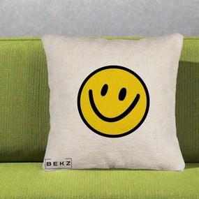 Perna Decorativa Smiley Face Galben Clasic, 40x40 cm, Bej Canapea, Husa Detasabila, Perna Inclusa, BEKZ®