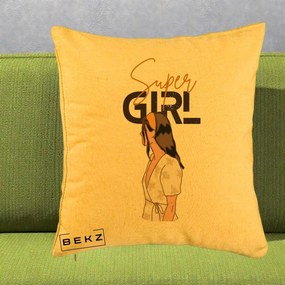 Perna Decorativa Super Girl Aesthetic, 40x40 cm, Galben, Husa Detasabila, Perna Inclusa, BEKZ®