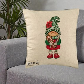Perna Decorativa Gnom Craciun Verde cu Bomboane si Floare, 40x40 cm, Bej, Husa Detasabila, Perna Inclusa, BEKZ®