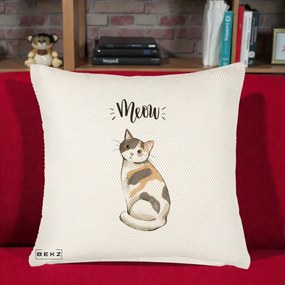 Perna Personalizata Pisica Meow Acuarela, 40x40 cm, Crem Reliefat, Husa Detasabila, Perna Inclusa, BEKZ®