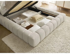 Pat matrimonial bej tapițat cu spațiu de depozitare cu somieră 180x200 cm Mont Blanc – Bobochic Paris