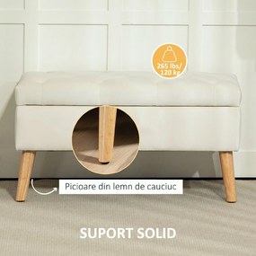 HOMCOM Taburet cu Depozitare In Catifea Picioare In Lemn Di Cauciuc 80x35x42 cm Crem | Aosom Romania