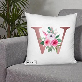 Cadou Personalizat - Perna Personalizata Monograma Rose Gold Litera W cu Trandafiri si Anemona, 40x40 cm, Alb Pufos, Husa Detasabila, Perna Inclusa, BEKZ®