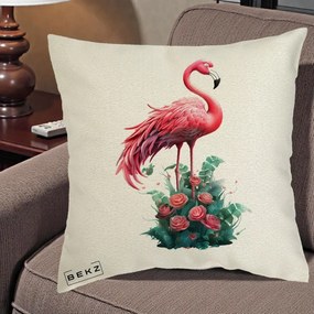 Perna Decorativa Flamingo cu Trandafiri Tropicali, 40x40 cm, Ecru, Husa Detasabila, Perna Inclusa, BEKZ®