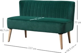 HOMCOM Canapea design retro 2 locuri, picioare din lemn, 117 cm x 56,5 cm x 77 cm, Verde închis | Aosom Romania