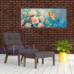 Tablou - Fluture și flori, pictură în ulei II. (120x50 cm)