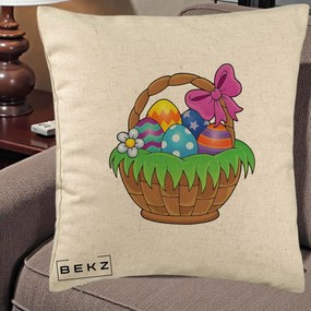 Perna Decorativa Cos cu Oua de Pasti Colorat, 40x40 cm, Bej, Husa Detasabila, Perna Inclusa, BEKZ®