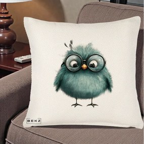 Perna Decorativa Pui Teal cu Ochelari Rotunzi, 40x40 cm, Crem Reliefat, Husa Detasabila, Perna Inclusa, BEKZ®