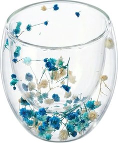 Pahar cu inserție de flori uscate, floarea miresei alb și albastru, pereți dubli, sticlă borosilicată, 250 ml, Aurora Bloom
